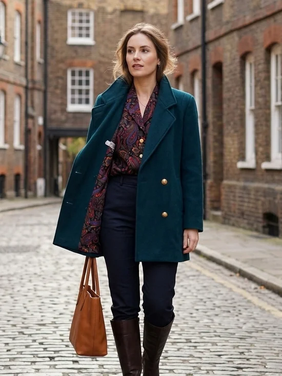 Vintage Double-Breasted Forest Green Wool Blend Peacoat Size 8 - Picture 2 of 9